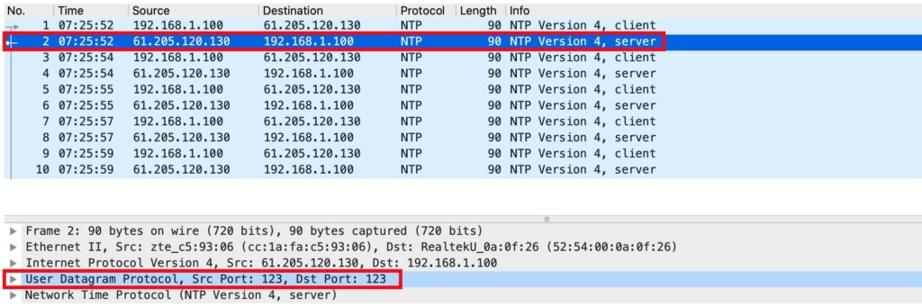 NTP通信のパケットキャプチャ（NTPサーバーからルーター）