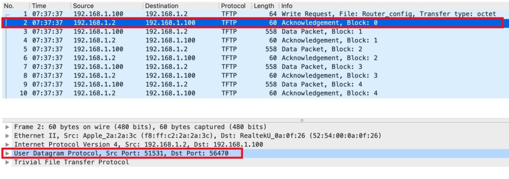 TFTP通信のパケットキャプチャ（TFTPサーバからルーターへの初回通信）